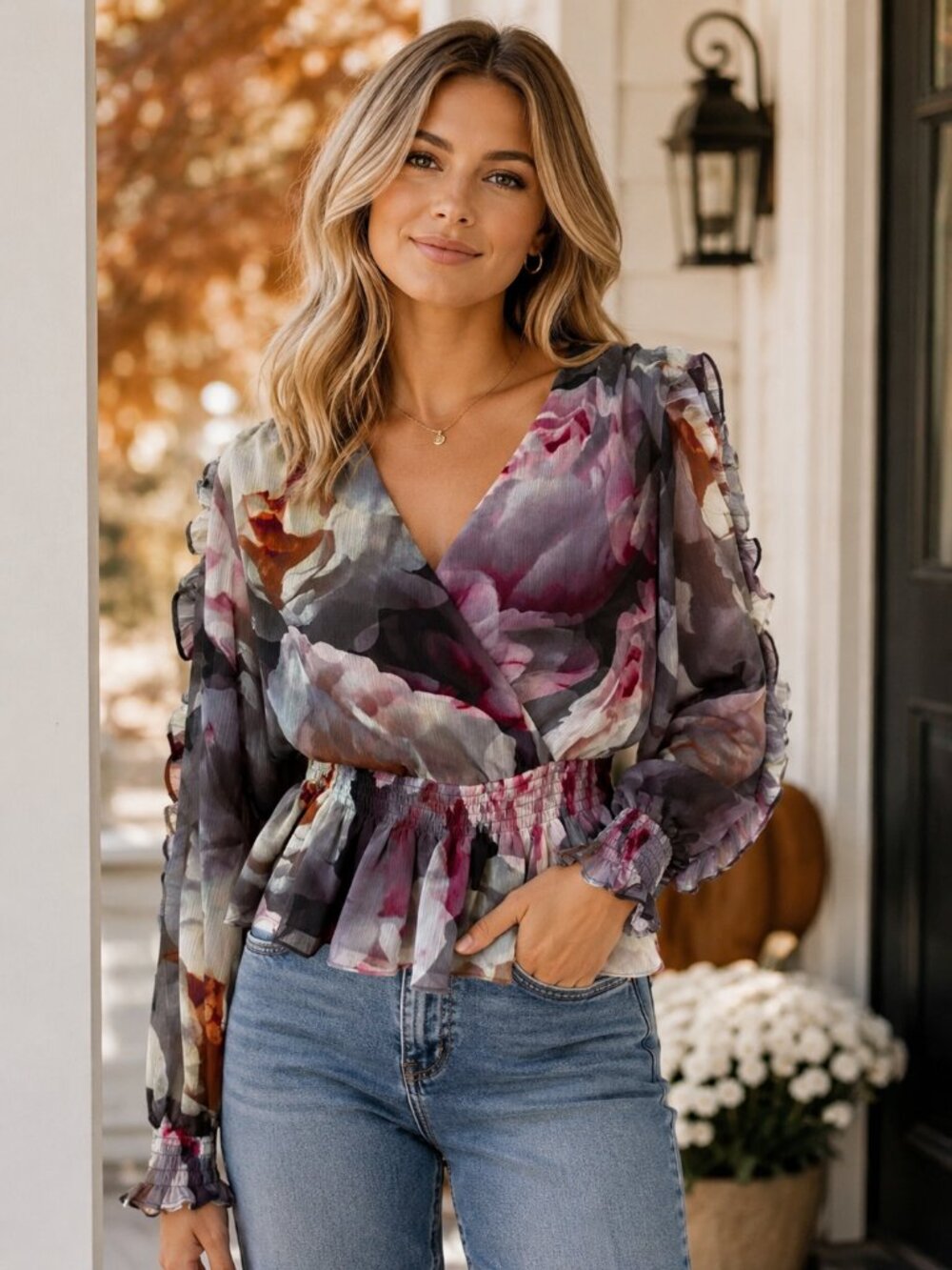 Floral Ruffle Peplum Blouse Sheer Chiffon Long Sleeve Express Size Medium